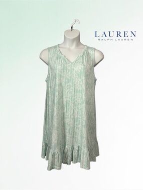 NEW, Ralph Lauren, Nightgown Dress Mint Paisley Sleeveless Ruffle Hem, Size L